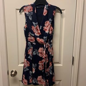 Blue floral faux wrap dress
